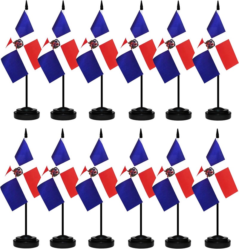 BCLin 12 Pack Dominica Desk Flags Set, Dominican Small Mini Table Office Flags with 12" Solid Black Pole, 8.2 x 5.5 Inches, Home and Office Decoration, Festival Celebrations - Image 1